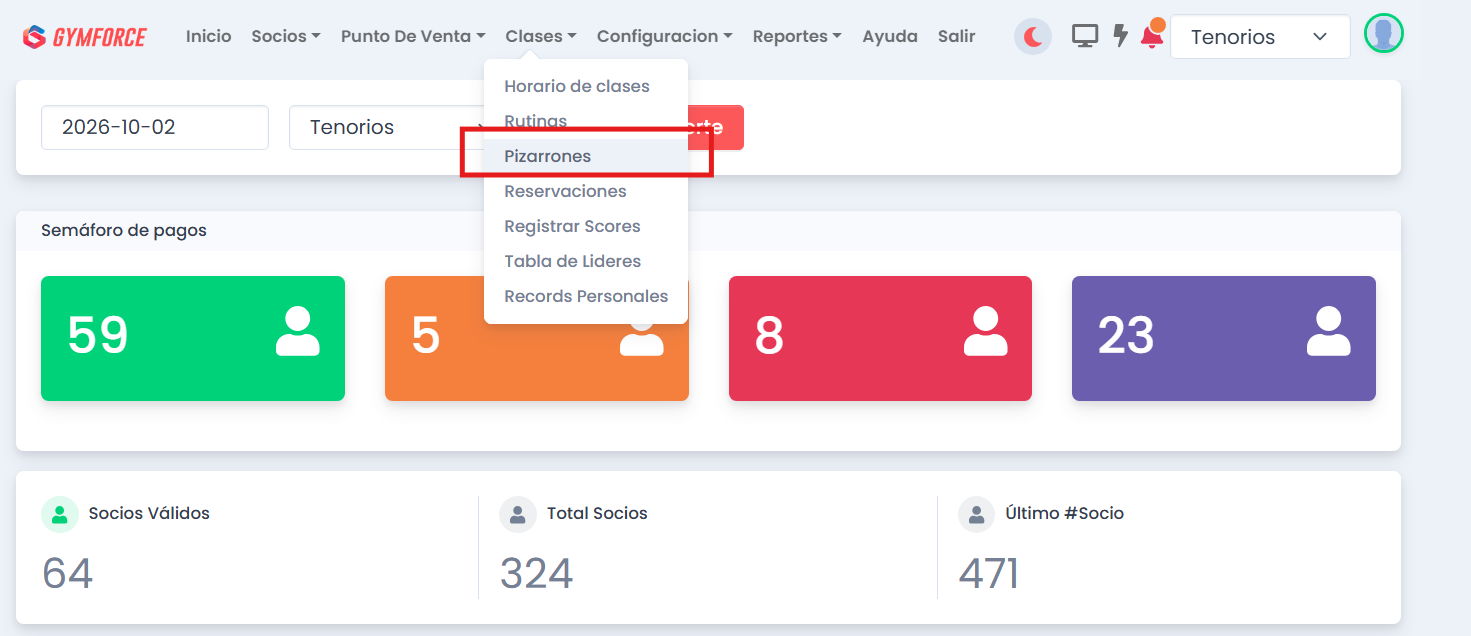Menú de Gymforce para acceder a Clases y Pizarrones