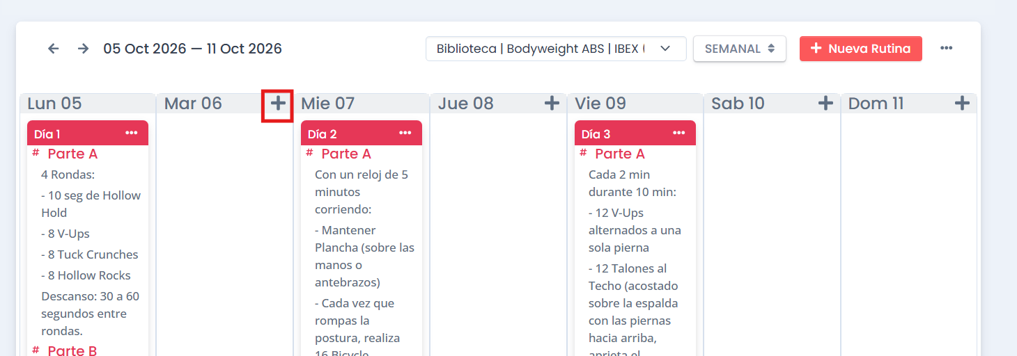 Botón para crear una rutina en un día del calendario