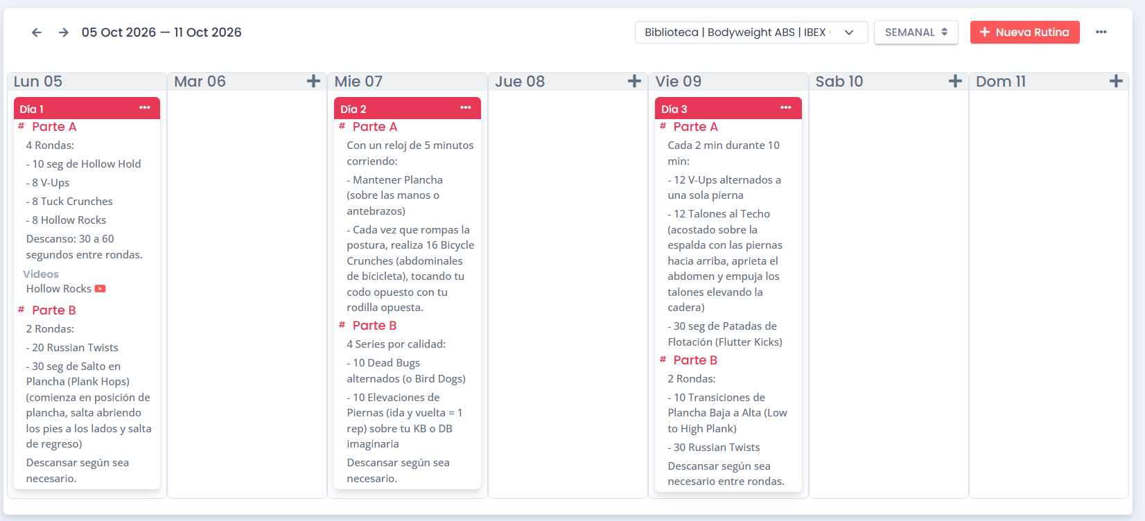 Calendario semanal con rutinas de entrenamiento