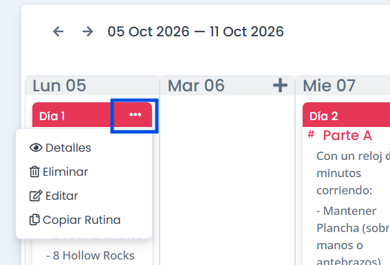 Menú de opciones disponibles para una rutina
