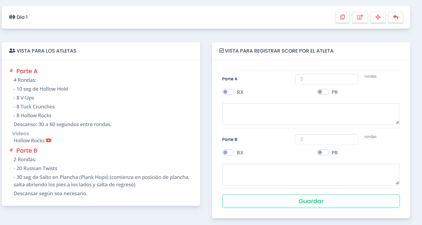 Detalles de una rutina y registro del score del socio