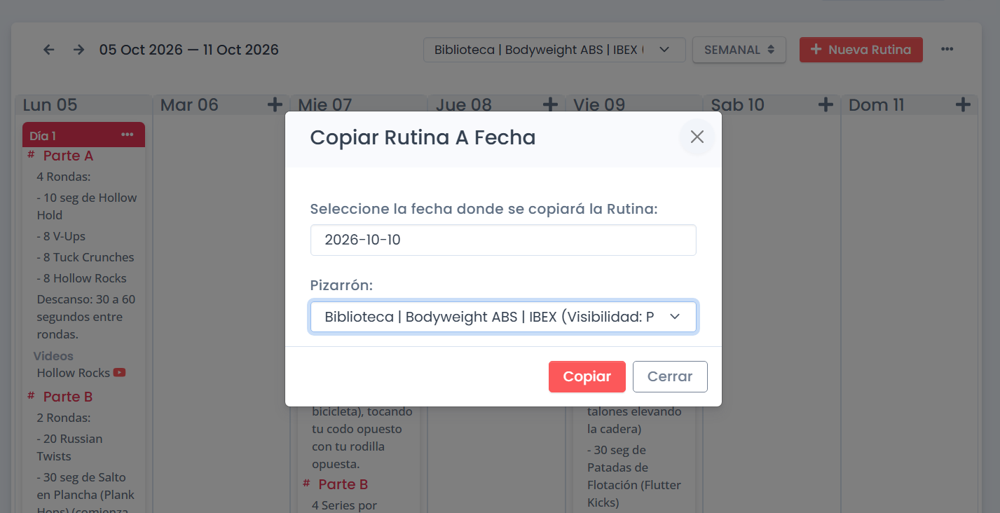 Formulario para copiar una rutina a otra fecha y pizarrón