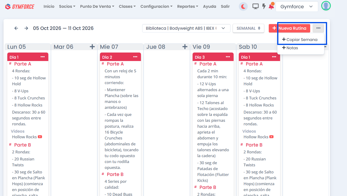 Opción Copiar Semana en la pantalla de rutinas