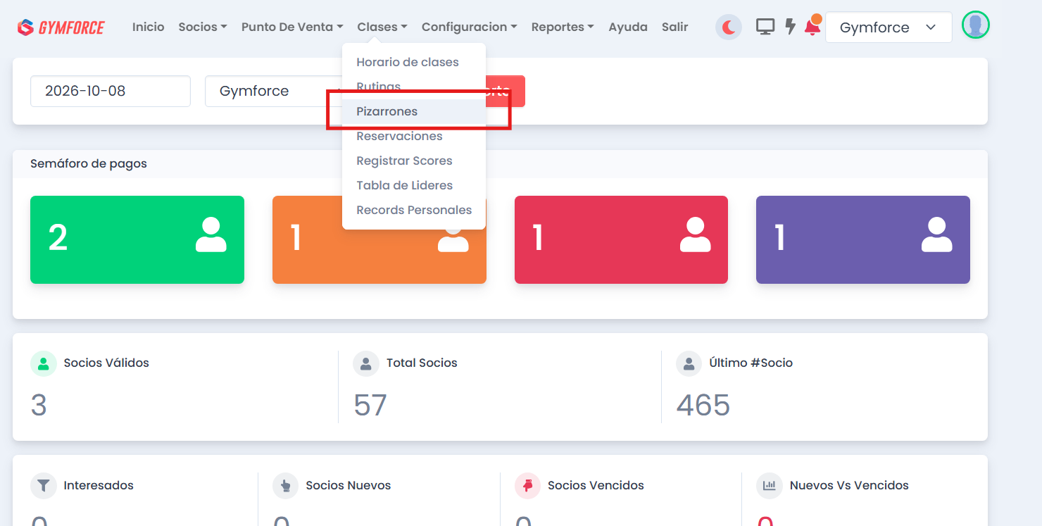 Pantalla de Pizarrones para gestionar acceso de socios