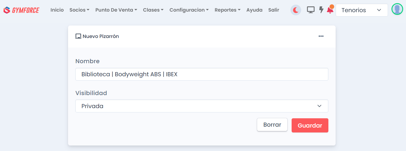 Configuración de un pizarrón privado para organizar bibliotecas de rutinas en Gymforce