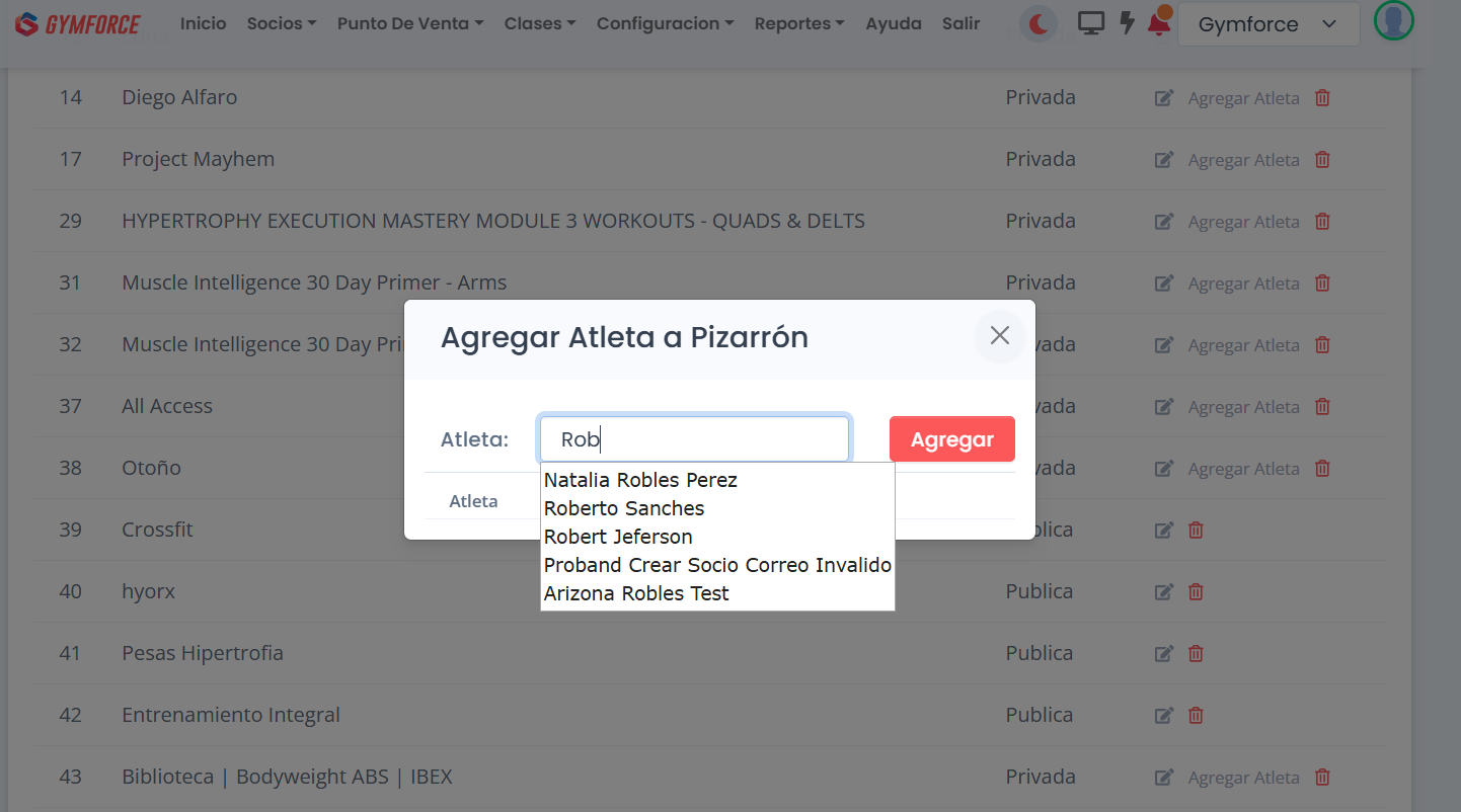 Lista de socios encontrados para agregar a un pizarrón