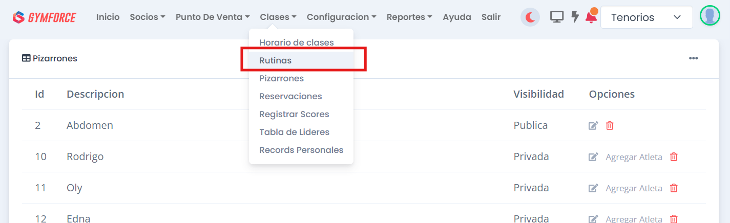 Menú Clases y Rutinas de Gymforce