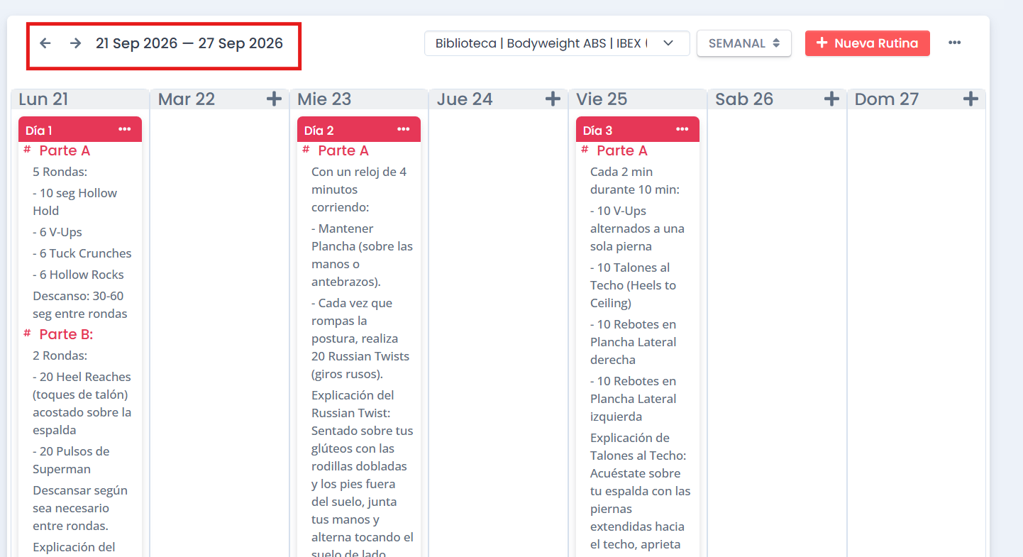 Navegación entre semanas del calendario de rutinas