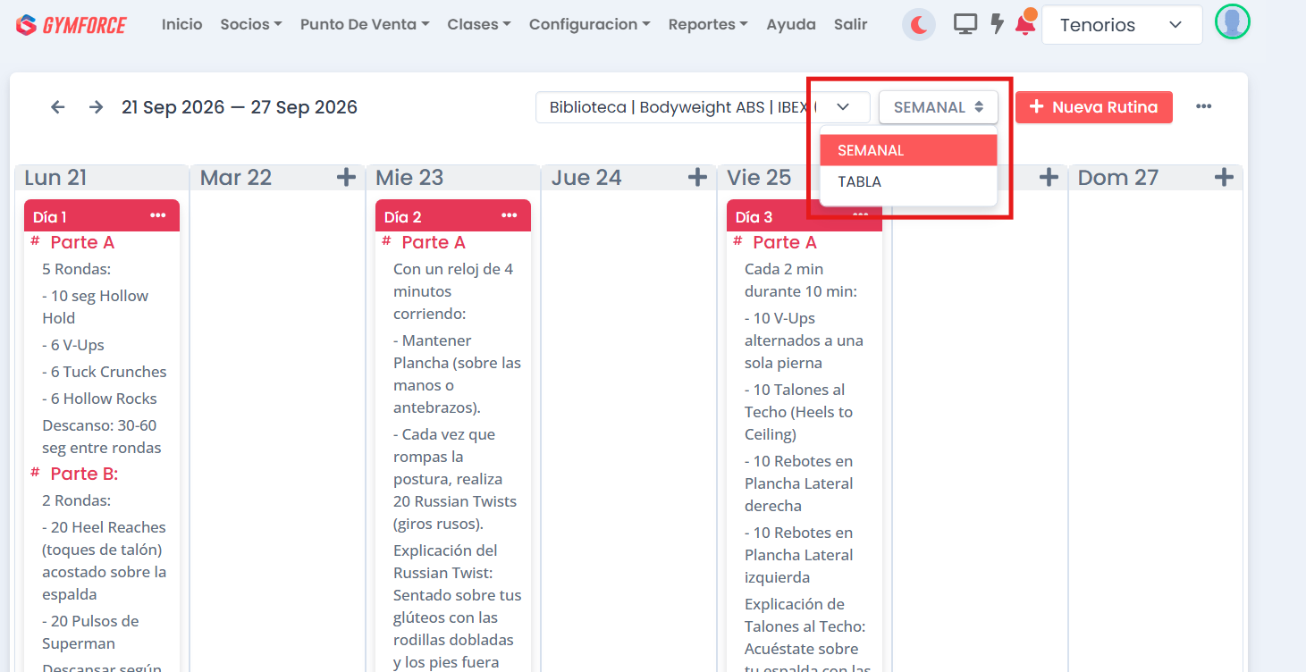 Opción Tabla para visualizar las rutinas en un listado