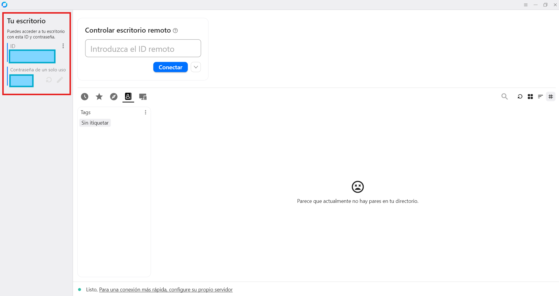 Pantalla principal de RustDesk con la sección Tu escritorio resaltada en rojo, mostrando dónde encontrar el ID y la contraseña de un solo uso