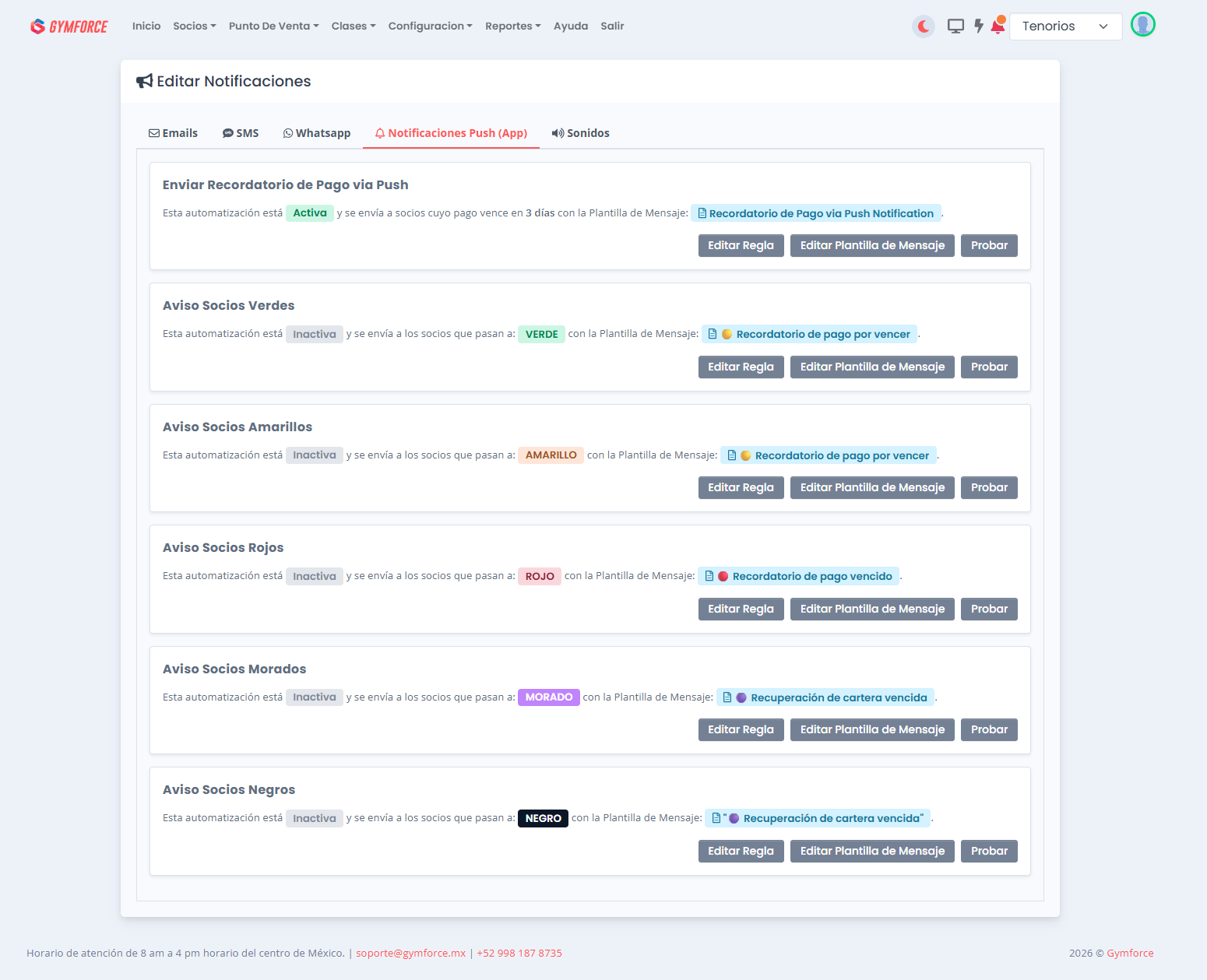 Pantalla de configuración de notificaciones automáticas por color en GymForce