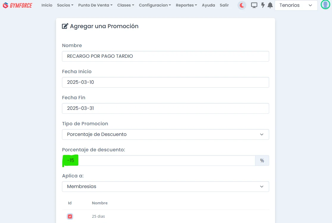 Creación de promocion en Gymforce