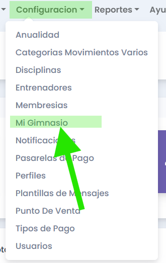 Menú Configuración opción Mi gimnasio