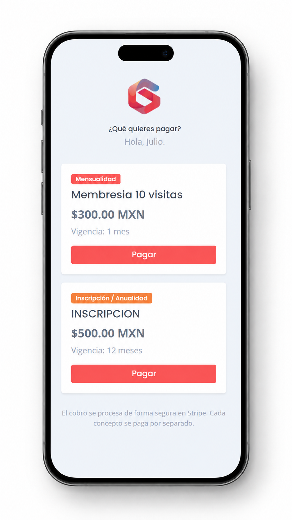 Opciones para pagar membresía y anualidad desde la app de Gymforce