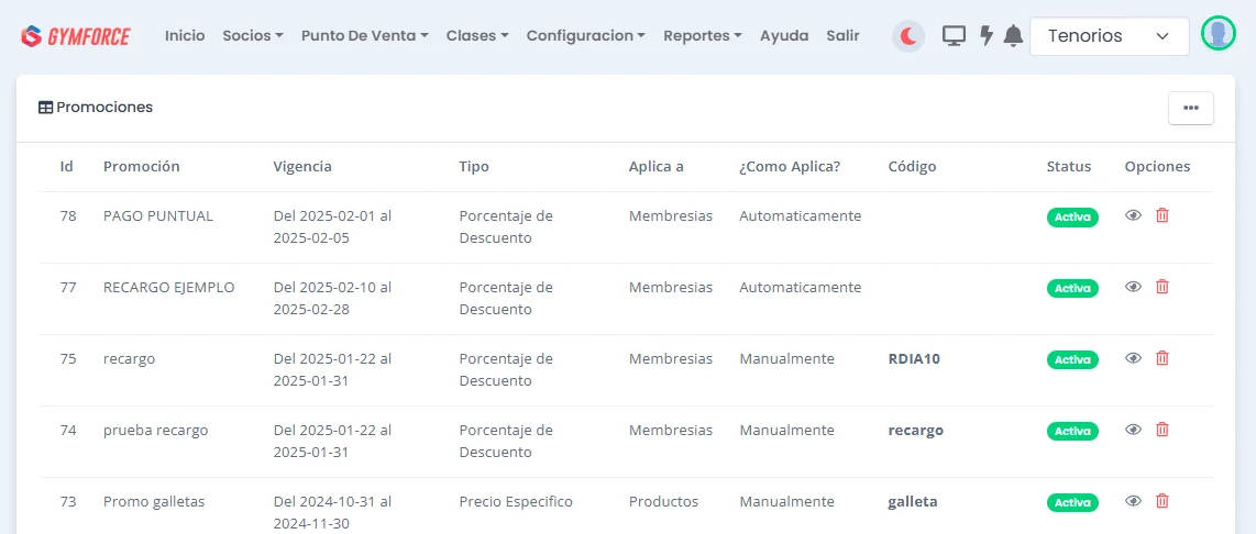 Tabla de promociones Gymforce