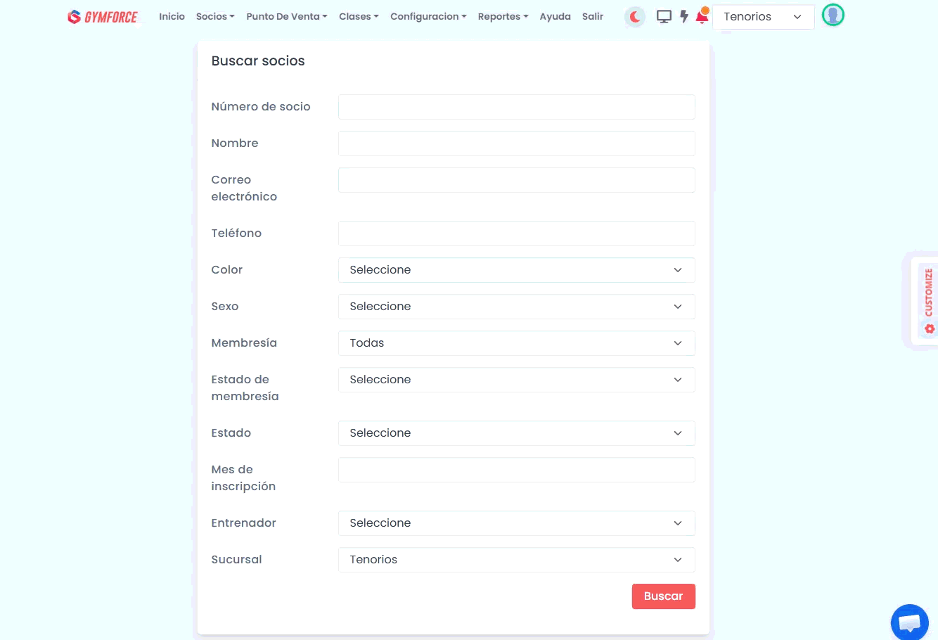 Filtro de entrenador en el Reporte de Socios de Gymforce