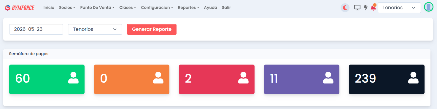 Semáforo de pagos de GymForce mostrando 5 estados: verde, amarillo, rojo, morado y negro
